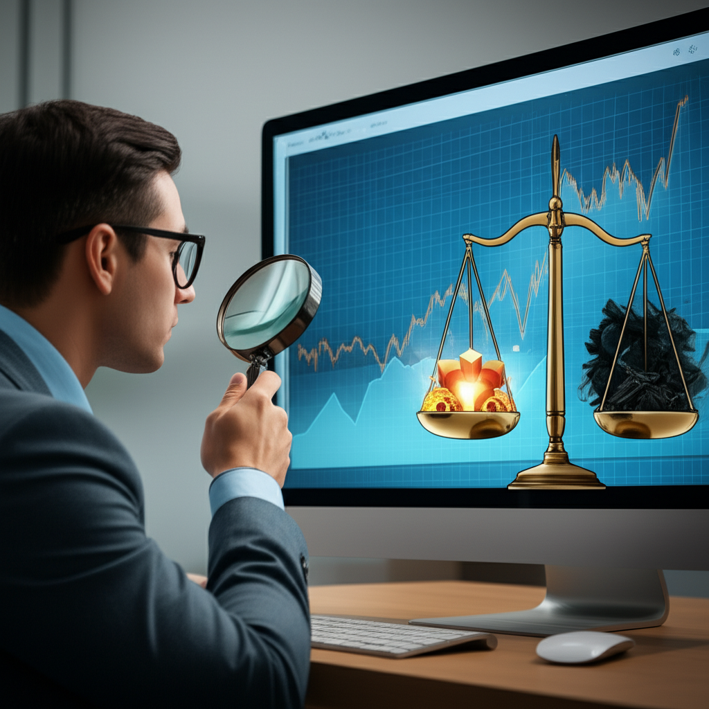 投資者透過放大鏡檢視股票圖表，象徵評估公司內在價值