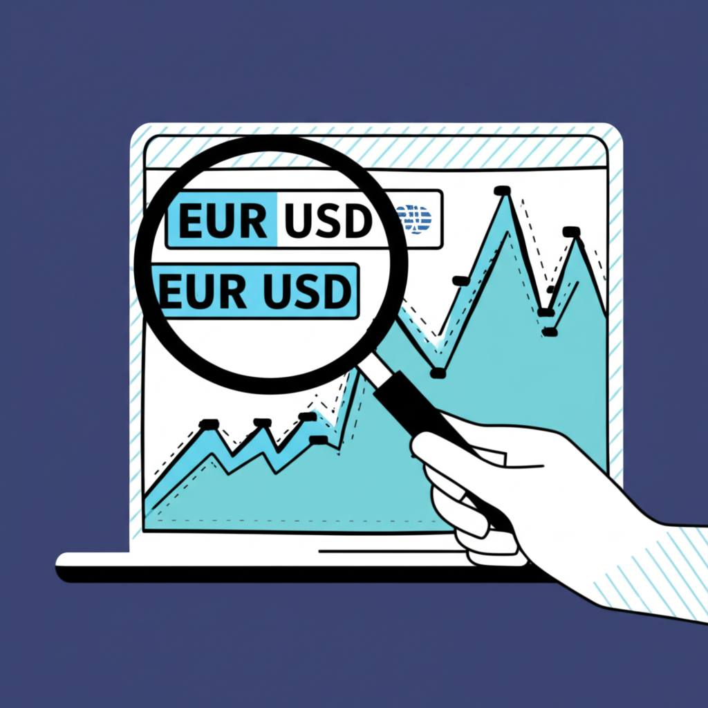 放大鏡檢視EUR/USD匯率與歷史圖表示意圖