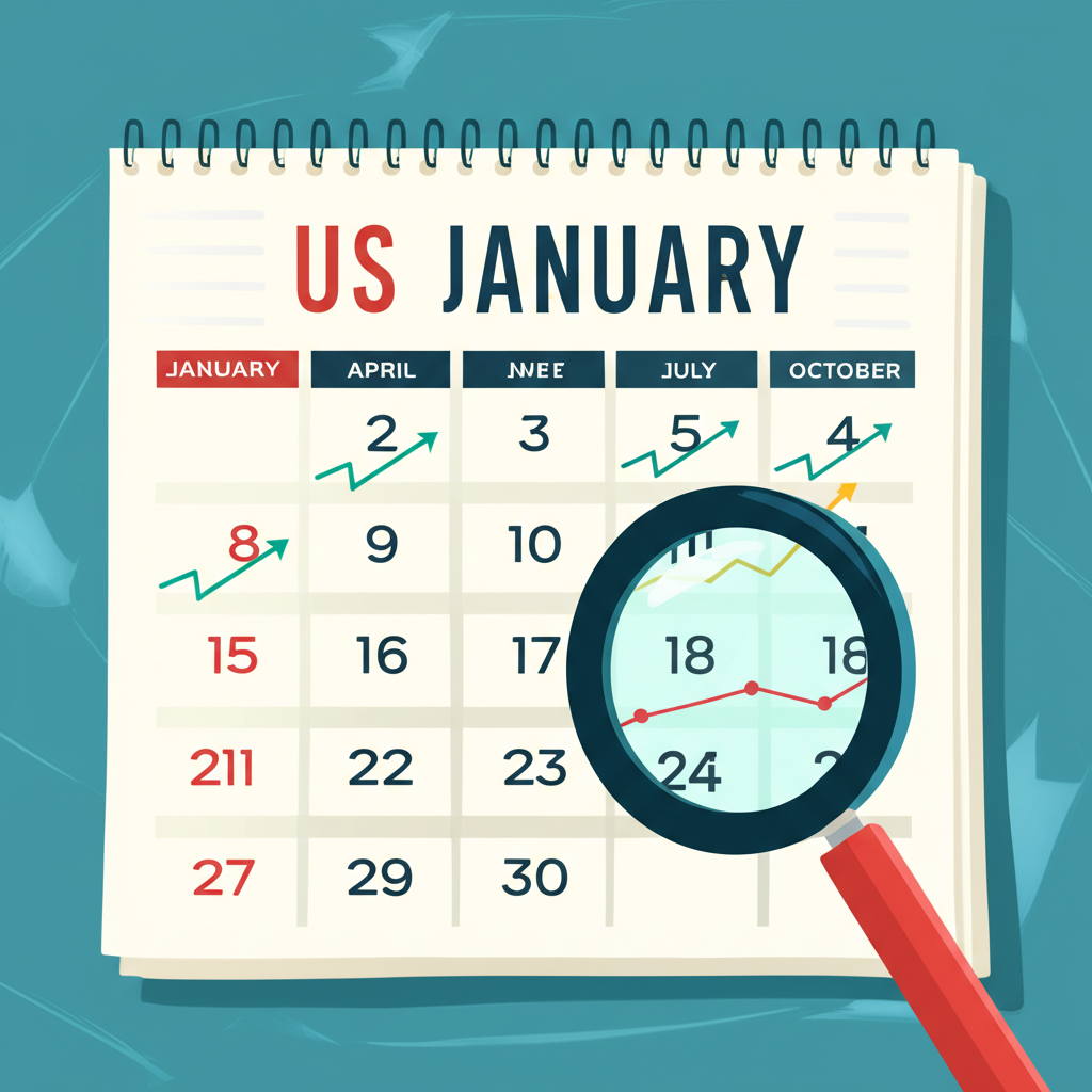 美股財報週行事曆插圖,顯示一月、四月、七月、十月突出標記,伴隨財務圖表和放大鏡象徵公司財務報告揭曉給投資者