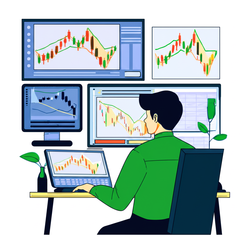 交易者透過多螢幕分析股票圖表與蠟燭線，預測市場趨勢