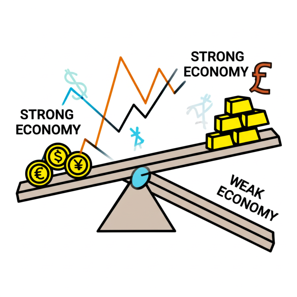 An illustration depicting a seesaw with a strong economy on one side and a weak economy on the other with financial market symbols like currency stocks and gold fluctuating around it illustration style
