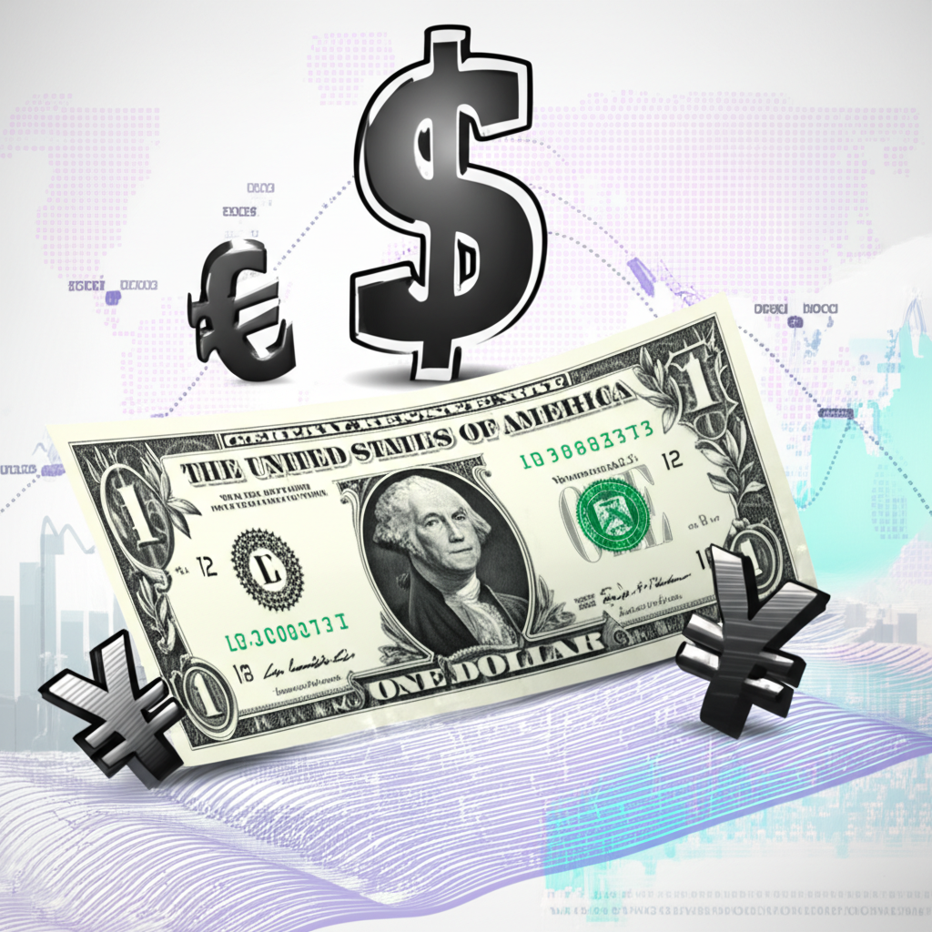 美元強勢影響全球經濟的插圖,顯示美元符號主導歐元、日圓等貨幣與貿易圖表