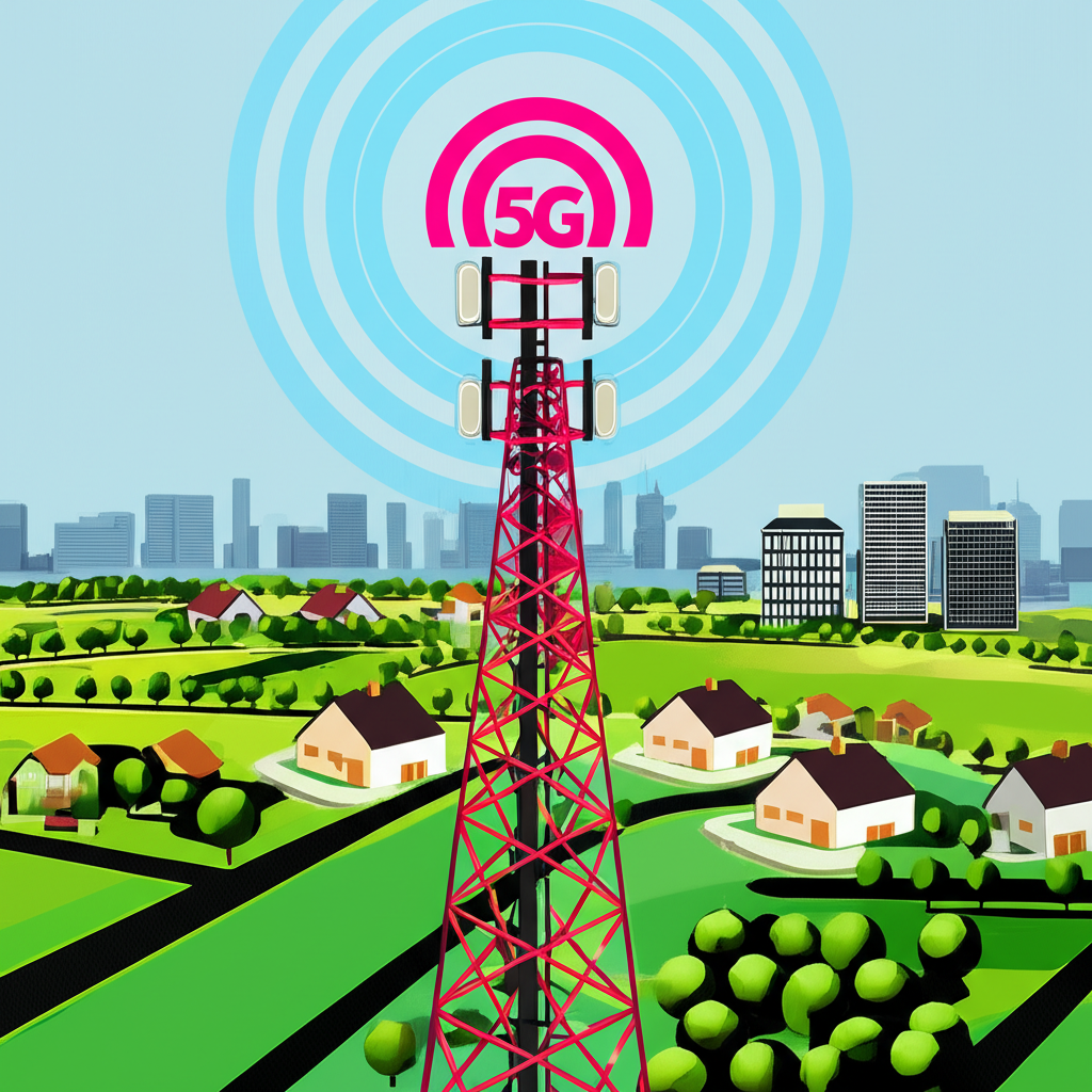 T-Mobile 5G 網路訊號延伸至鄉村田野與城市辦公大樓的插圖,代表企業市場成長的創新與友好風格