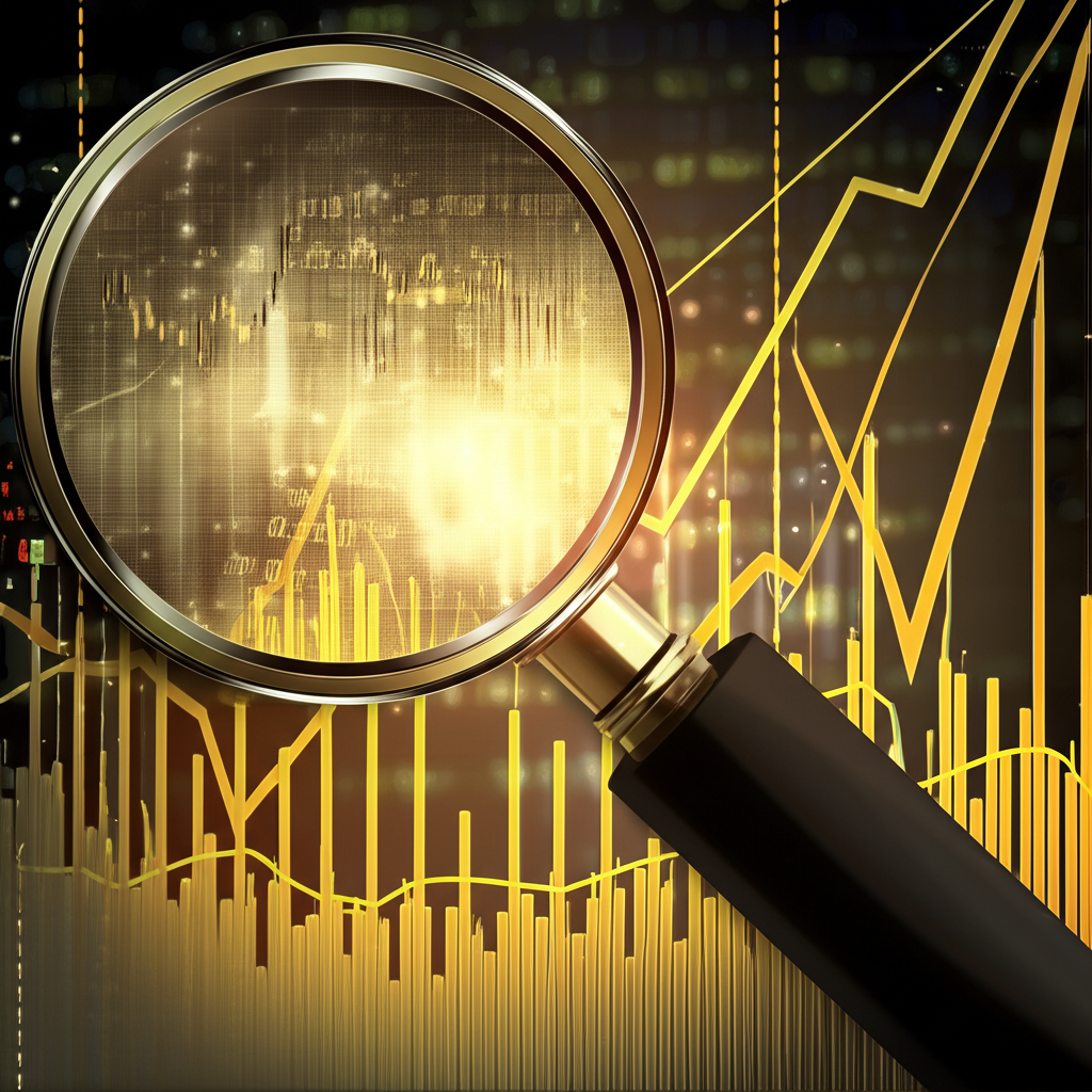 抽象財務圖表與黃金走勢線,呈現市場波動與高頻交易情境