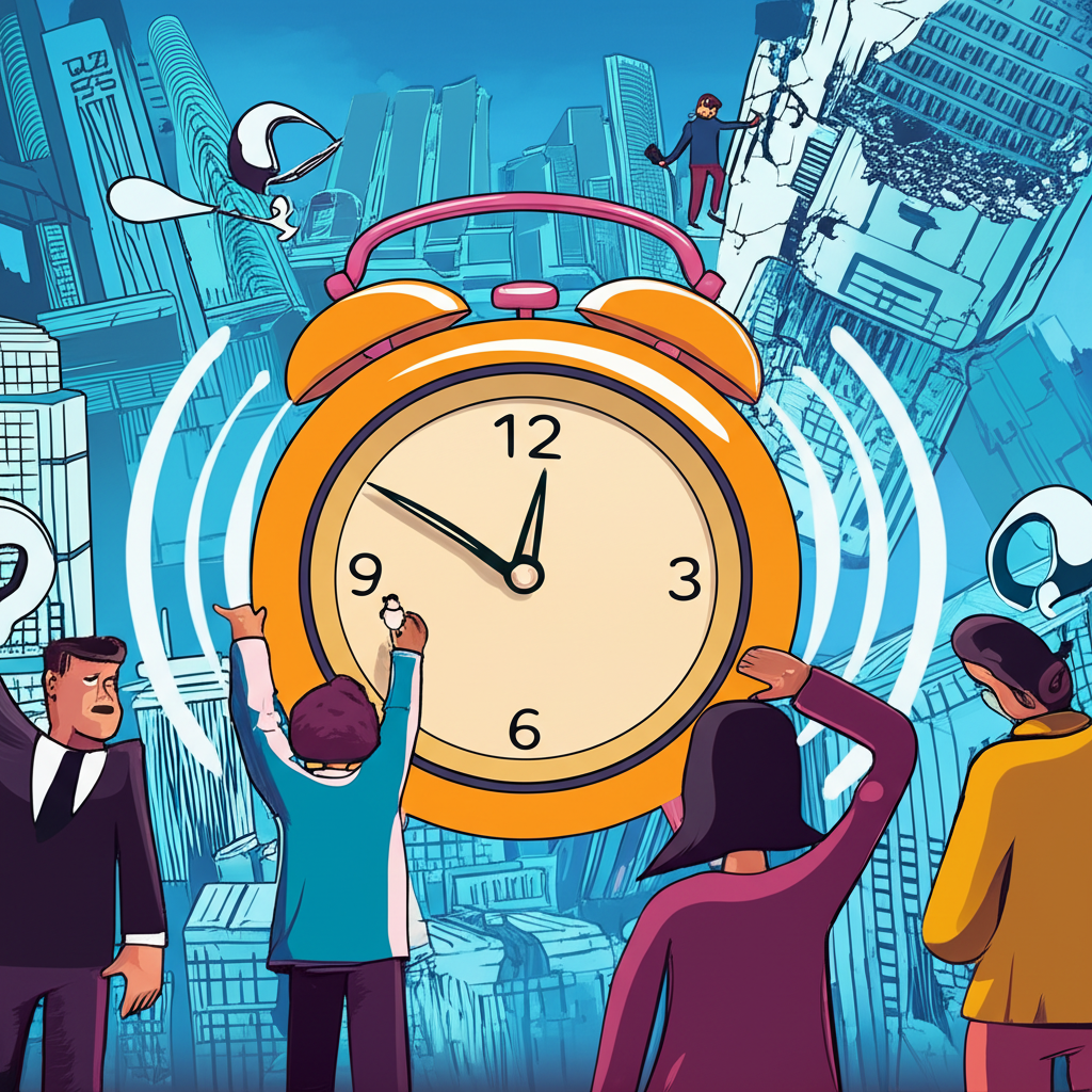 元宇宙城市崩塌的插圖,象徵市場疑慮與轉型概念