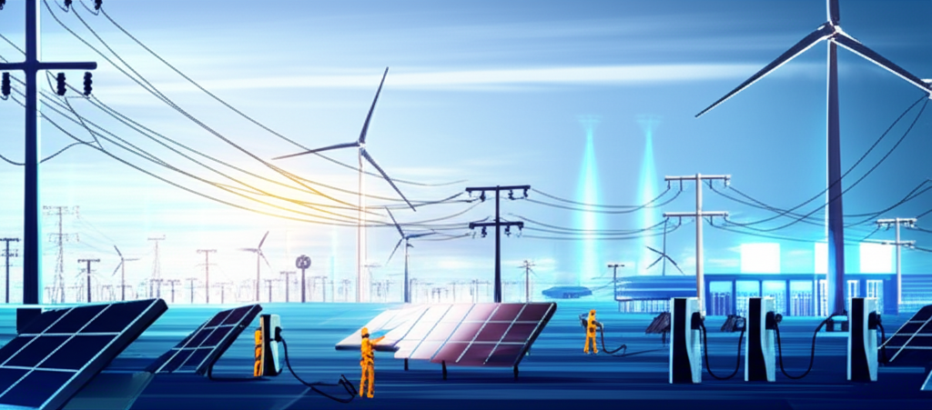 未來智慧電網建設現場,工人安裝太陽能板與風力渦輪,背景數據中心閃耀,代表電力需求爆發