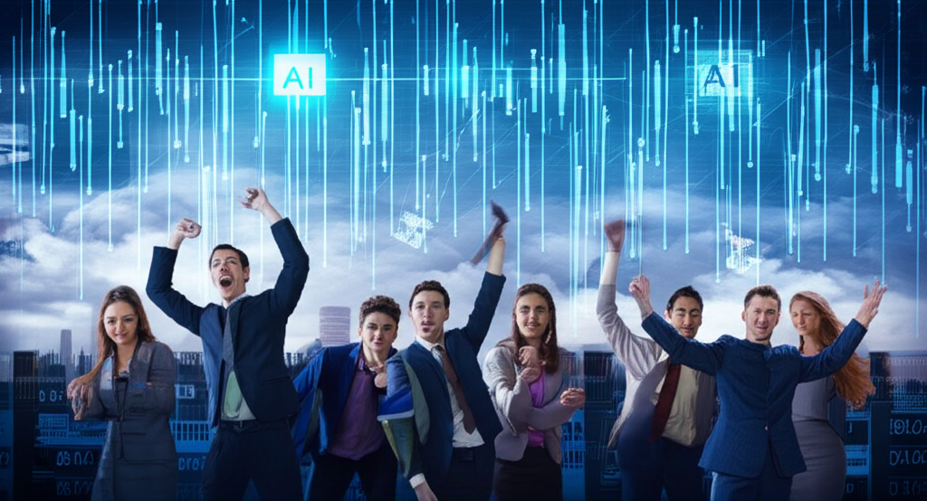 金融市場中充滿活力的場景,上空閃耀著AI電路圖,部分投資者歡慶,另一些則警惕遠處的風暴雲