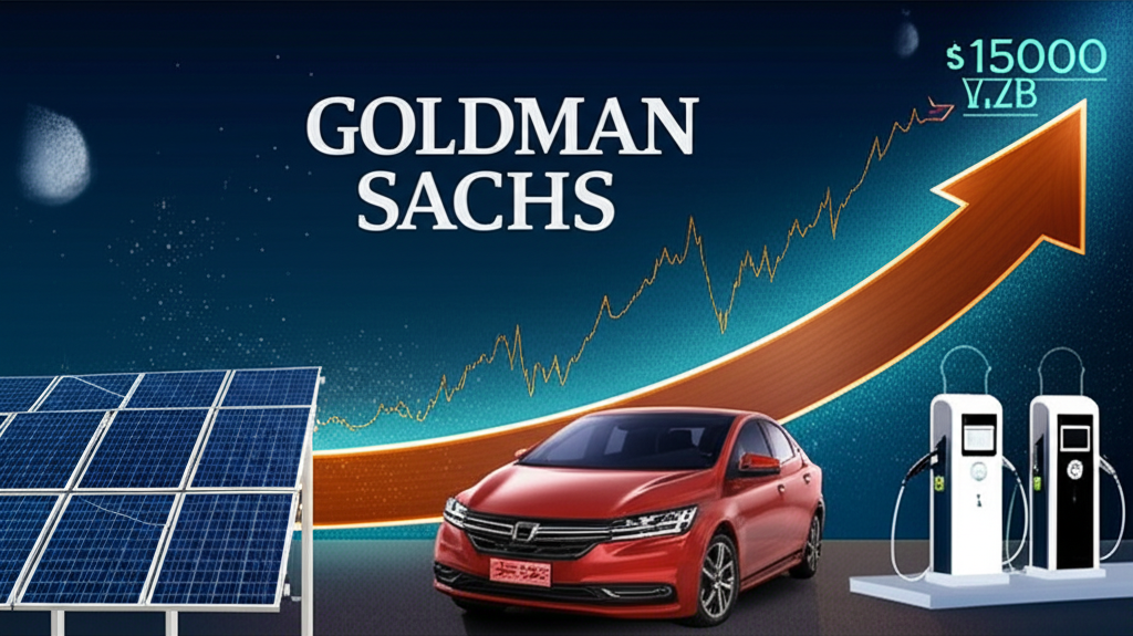 銅價上漲圖表顯示高盛預測達15,000美元/噸,伴隨脫碳符號如太陽能板與電動車充電站