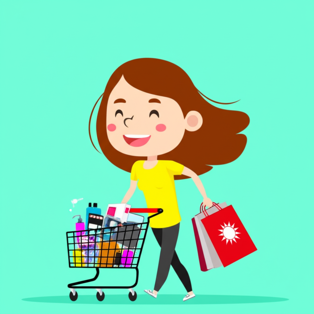 消費者購物插圖,展示因台幣升值而享受到進口商品更低價格的快樂