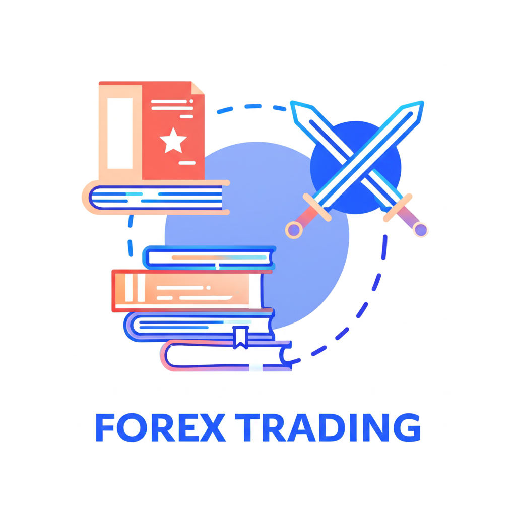 illustration of a person preparing for forex trading with knowledge books a stable mindset symbol and a double edged sword representing leverage and a disciplined trader adhering to a plan