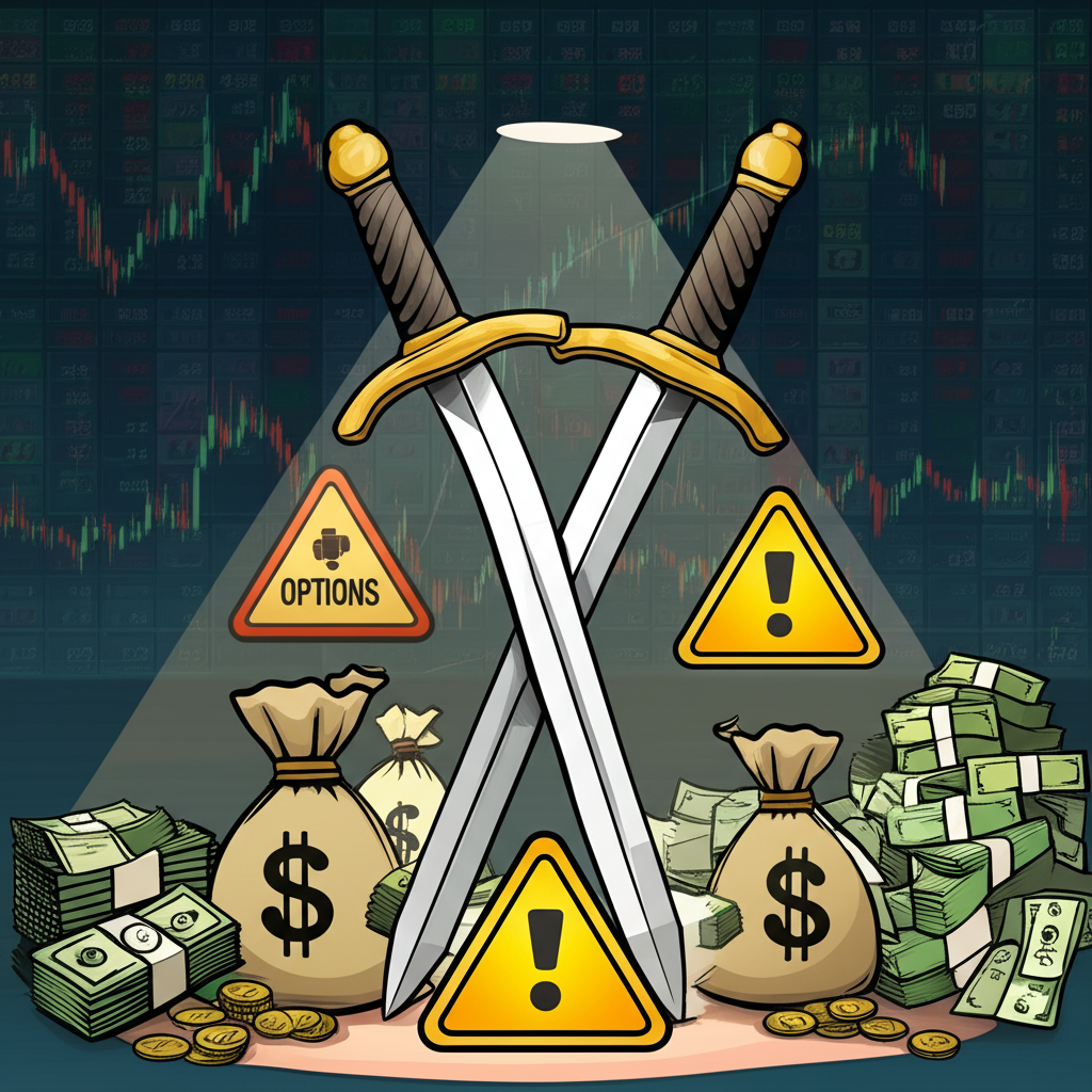 金融市場中期權作為雙刃劍的圖示，展示股票債券與機會風險並存