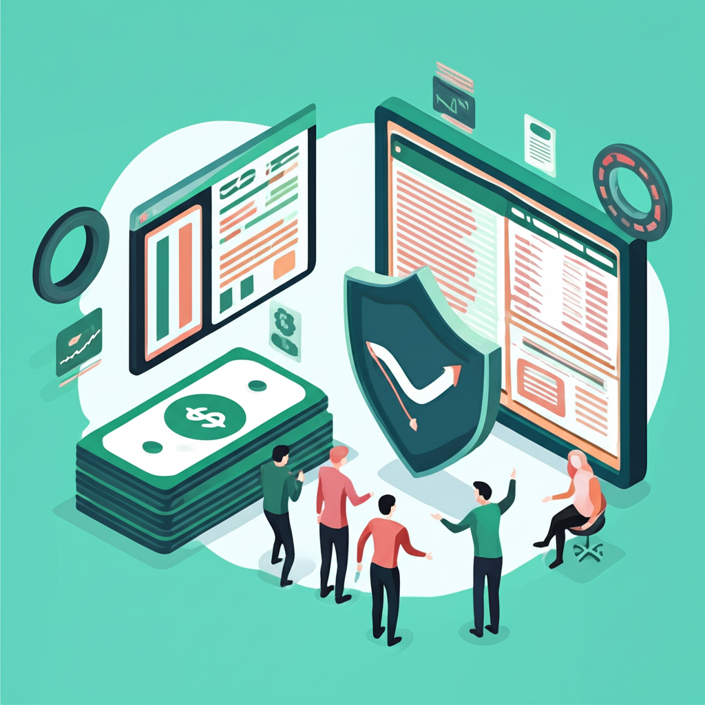 自營交易公司優勢插圖,包括巨額資金堆疊、先進交易平台、風險管理盾牌,以及交易員社群合作圖像