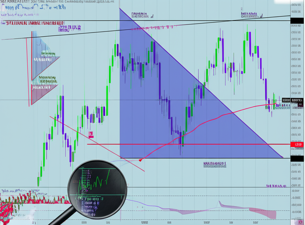 股票圖表中頸線顯示趨勢反轉的插圖,放大鏡突出關鍵線,周圍有技術分析工具