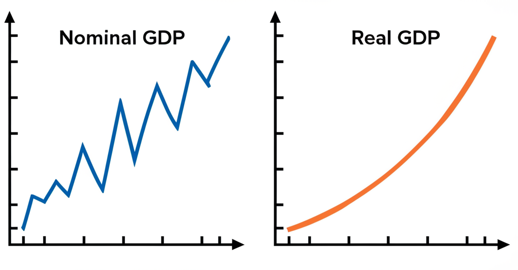 名目GDP與實質GDP圖表比較:名目曲線波動反映價格,實質曲線平穩顯示真實產出成長