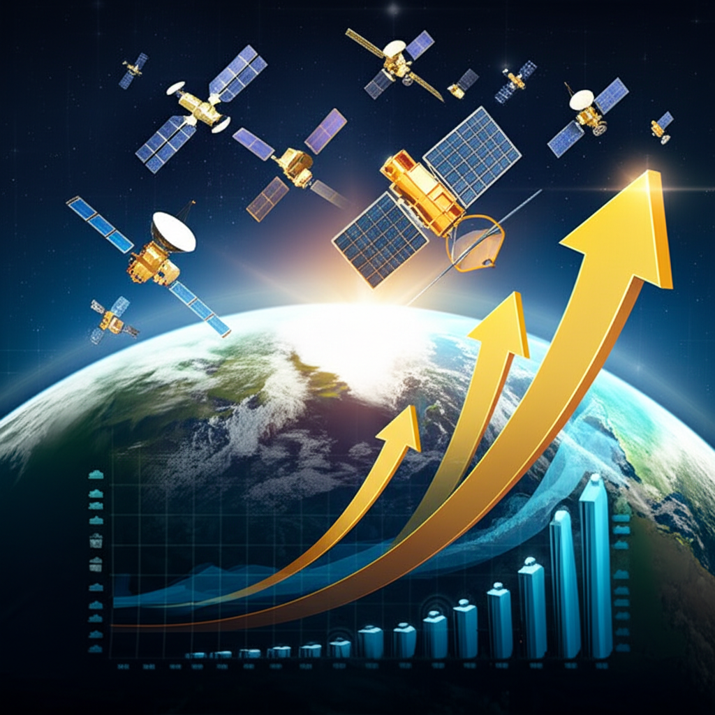 2025年衛星產業黃金時代插圖，顯示衛星環繞地球、成長圖表與投資上升箭頭，融合科技與金融的未來風格
