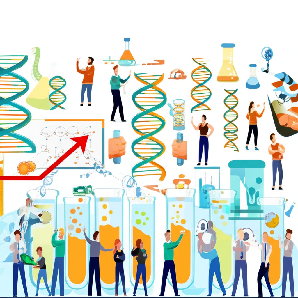 生技市場投資者交易圖像、試管與DNA元素,伴隨上升趨勢圖表及科學創新