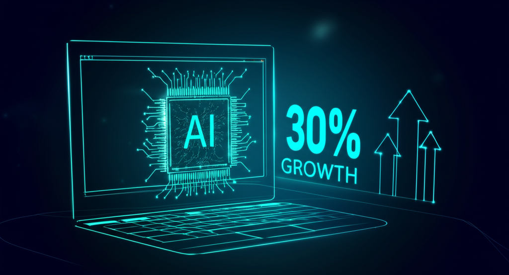 Illustration of AI technology boosting an ecommerce platform with 30 percent growth projection
