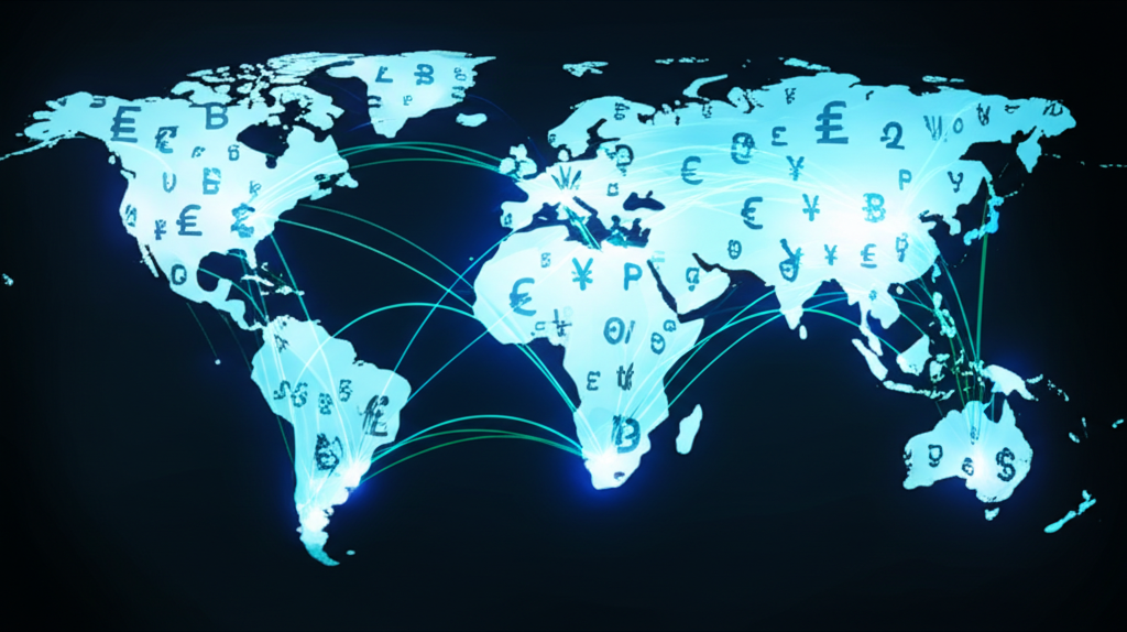 Digital world map currency data illustration