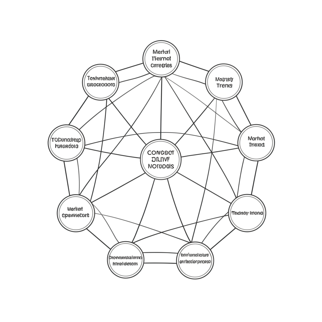 概念股形成過程動態複雜，緊密連結市場熱點、產業趨勢、技術創新與社會變遷的插圖