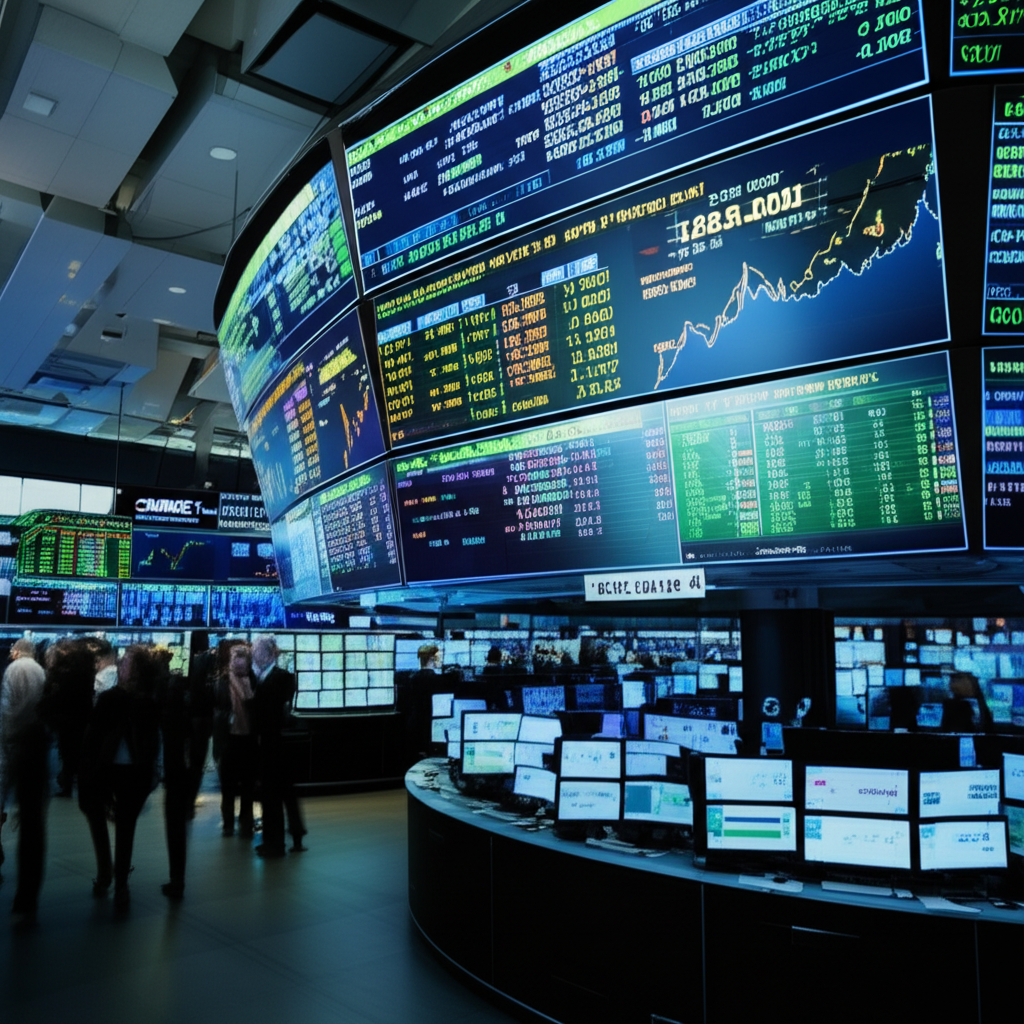 插畫呈現現代期貨交易所交易現場,數位螢幕顯示貨幣對與走勢圖,強調標準化合約、固定規模(如125,000歐元)與明確的監管架構,CME Group標誌隱約可見