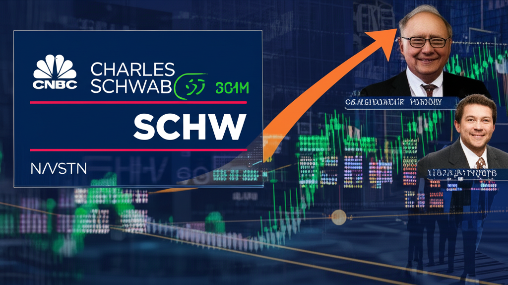 CNBC 風格化的金融報導插圖,突顯 Charles Schwab SCHW 股票,疊加 Josh Brown 的洞見與華倫·巴菲特投資智慧,指引穿越複雜市場景觀