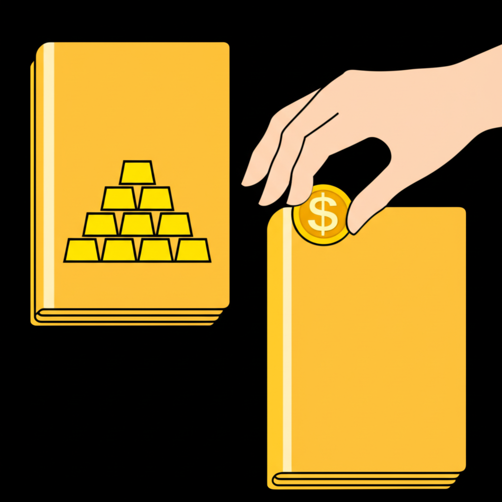 黃金存摺示意圖：手將金幣插入類似銀行存摺的帳戶中，象徵以黃金為單位的投資帳戶