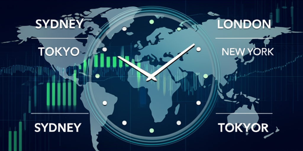世界時鐘標示雪梨、東京、倫敦、紐約等金融中心同步運作,代表外匯市場的24小時不間斷交易