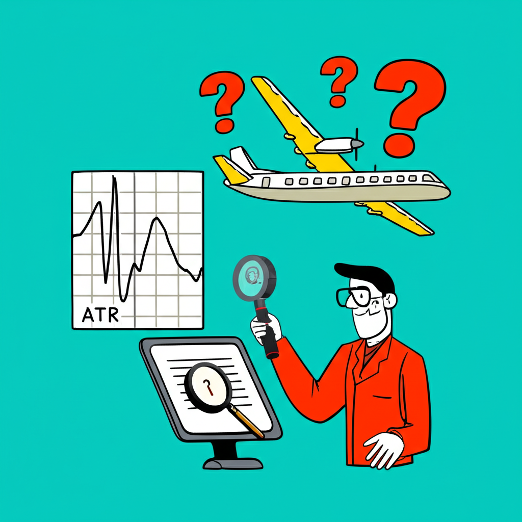 ATR 雙重概念插圖：金融波動圖表與渦輪螺旋槳飛機的對比，伴隨著搜尋困惑的問號