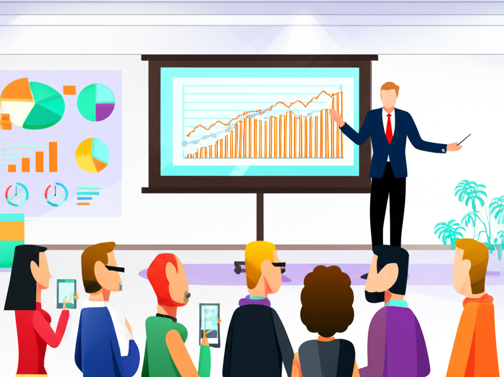 一位金融分析師向來自台灣和香港的多元群體解釋複雜貨幣概念，背景有圖表和圖形