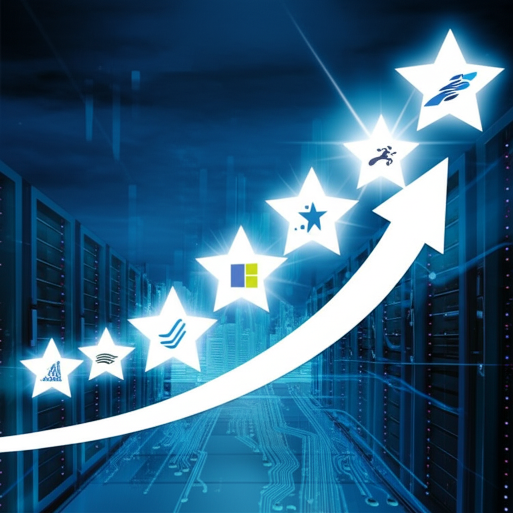 FAANG 科技巨頭如閃耀星辰帶領美股牛市上漲,背景為伺服器城市與數據流動的插圖