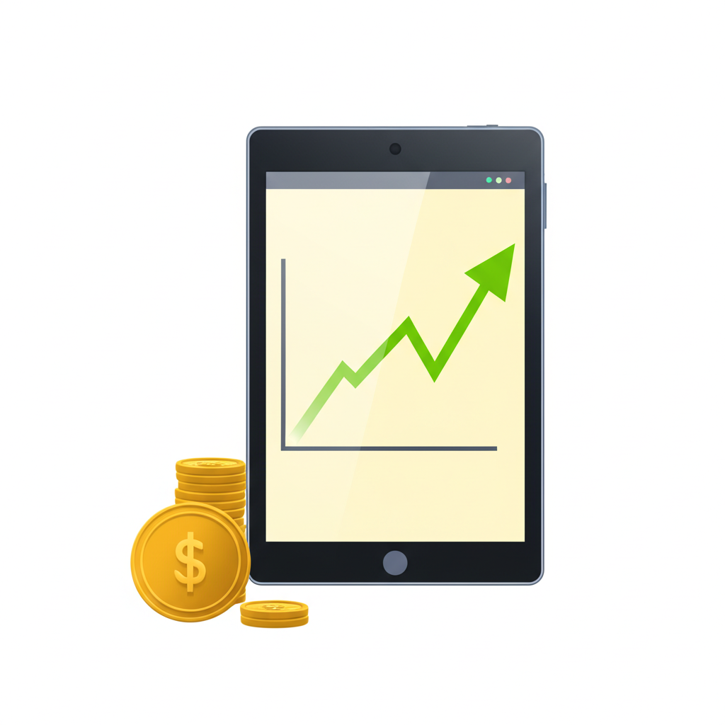 插圖：螢幕上顯示開啟的虛擬黃金存摺，包含金幣圖示與上揚的走勢圖，象徵銀行代管的安心投資