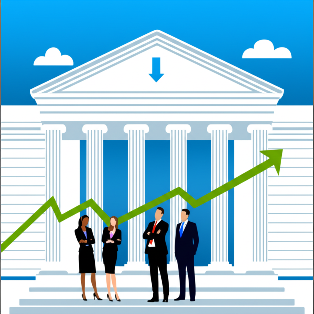 聯準會降息與股市上漲趨勢的插圖,背景顯示投資人自信討論市場方向