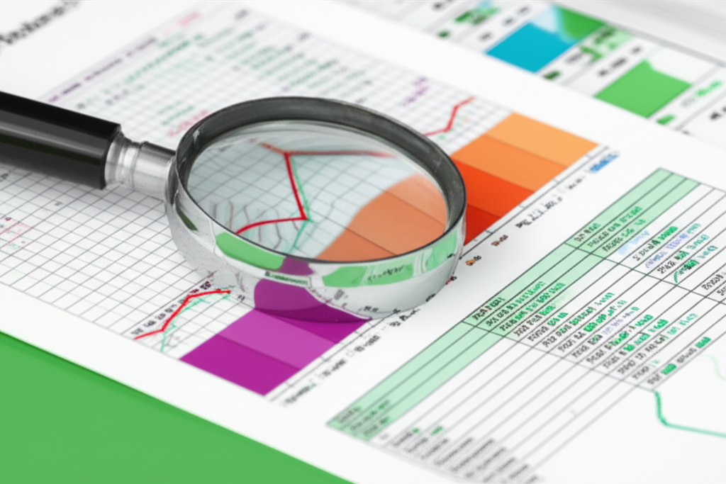 放大鏡檢查財務圖表與健康資產負債表，代表高股息股票永續性與價值投資的關鍵指標