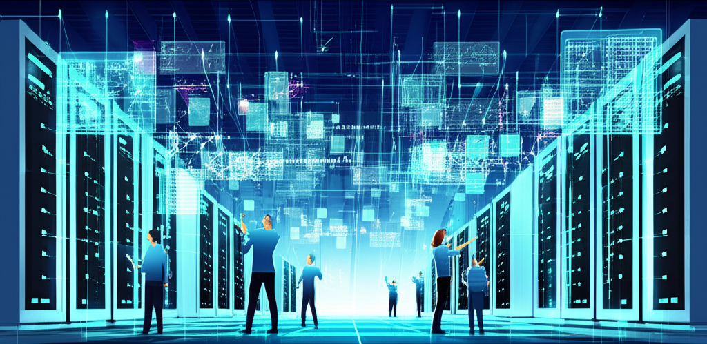 未來資料中心充滿發光GPU伺服器與晶片，工程師監督AI基礎設施擴張，伴隨數位資訊流