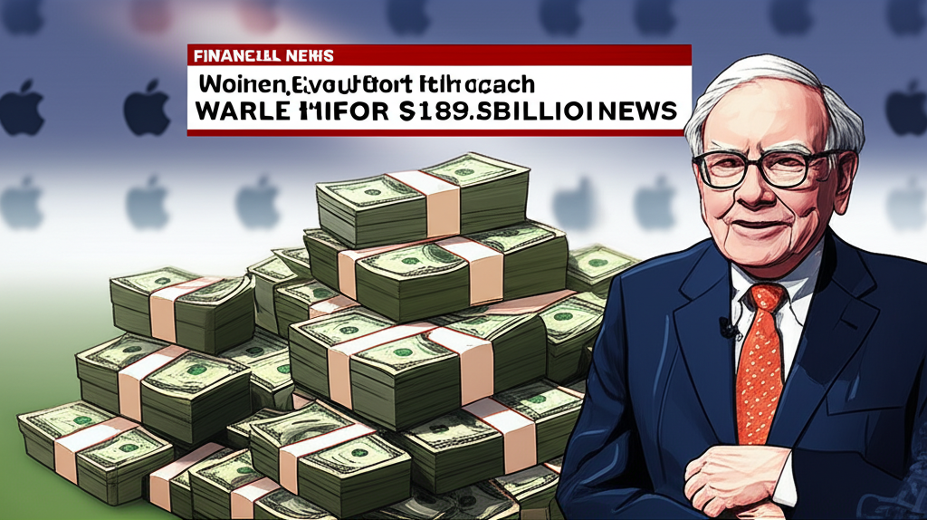 華倫·巴菲特站在象徵1890億美元現金堆旁,背景隱約有蘋果標誌逐漸淡去,上方浮現財務新聞標題