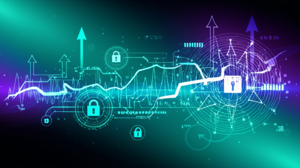 網路安全、數據分析與人工智慧成長動能的互聯數位符號插圖