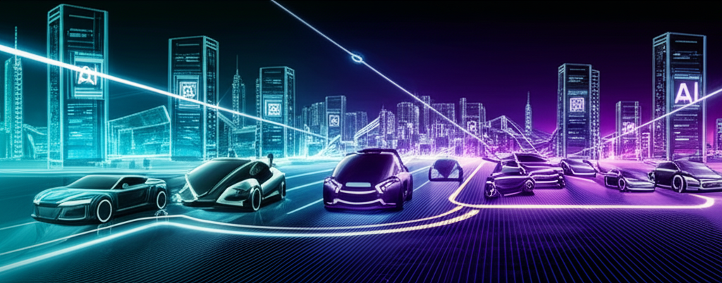 Nvidia創新管道展示新一代AI晶片、自動駕駛汽車和元宇宙元素，伴隨時間軸標示未來成長與策略夥伴關係的未來感動態圖