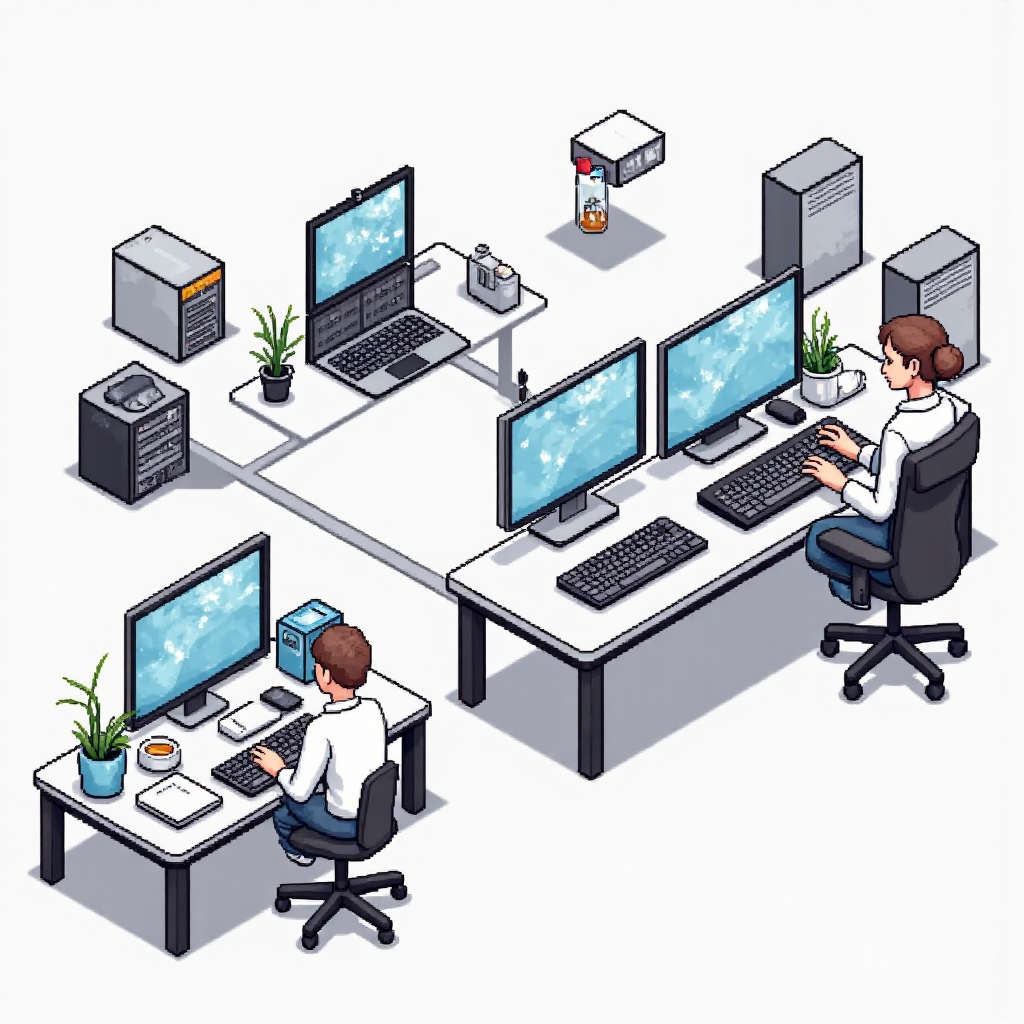 A dynamic scene illustrating the transition from a thin minimalist notebook to a fully functional desktop workstation enabled by a high-tech docking station emphasizing seamless hybrid work and connectivity isometric view