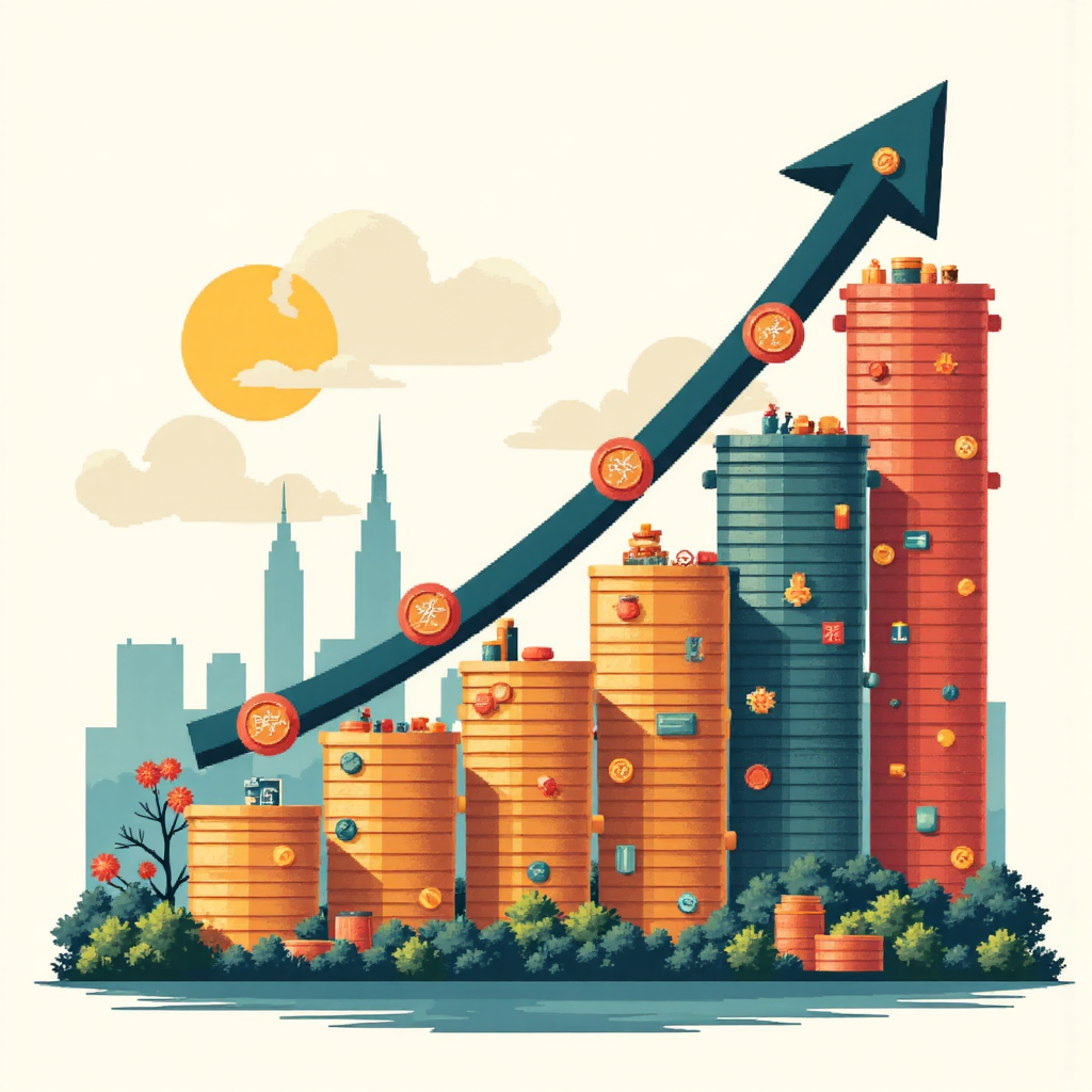 economic forecast illustration depicting a rising bar chart composed of commodity elements with a silhouette of Taiwan in the background symbolizing market trends and investment opportunities