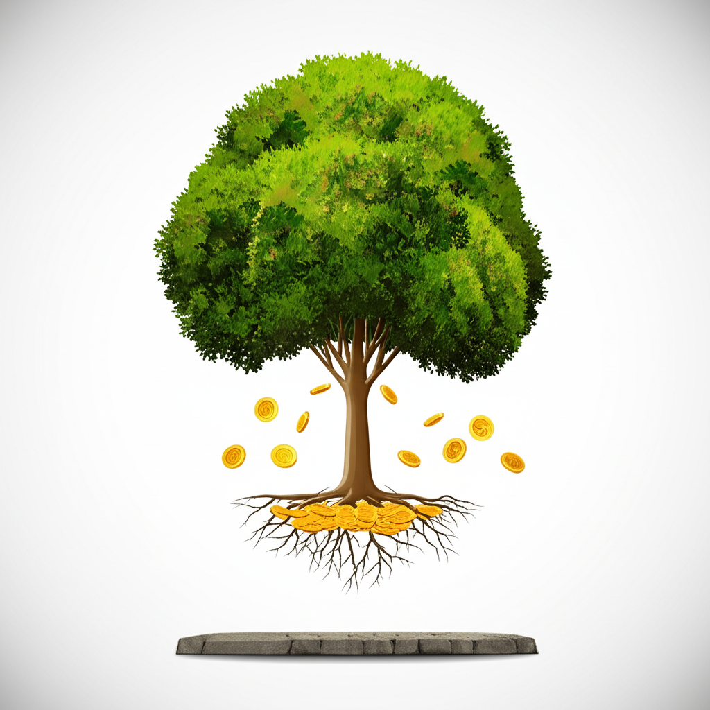 堅實大樹插圖,象徵財務穩健公司以穩定現金流持續發放股息,奠定長期投資基礎