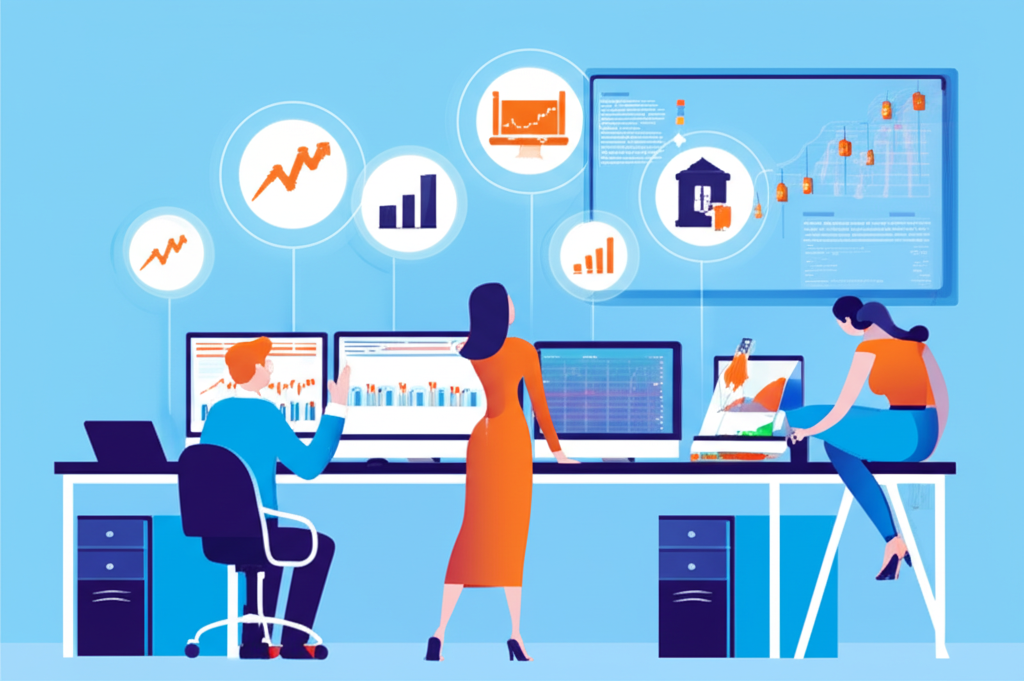 金融分析師檢視股票圖表與潛力股圖標的插圖