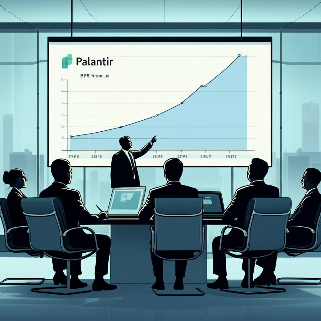 華爾街分析師在會議室討論，巨型螢幕顯示Palantir正面財務預測如EPS、營收與利潤上漲圖表，象徵強勁市場信心插圖