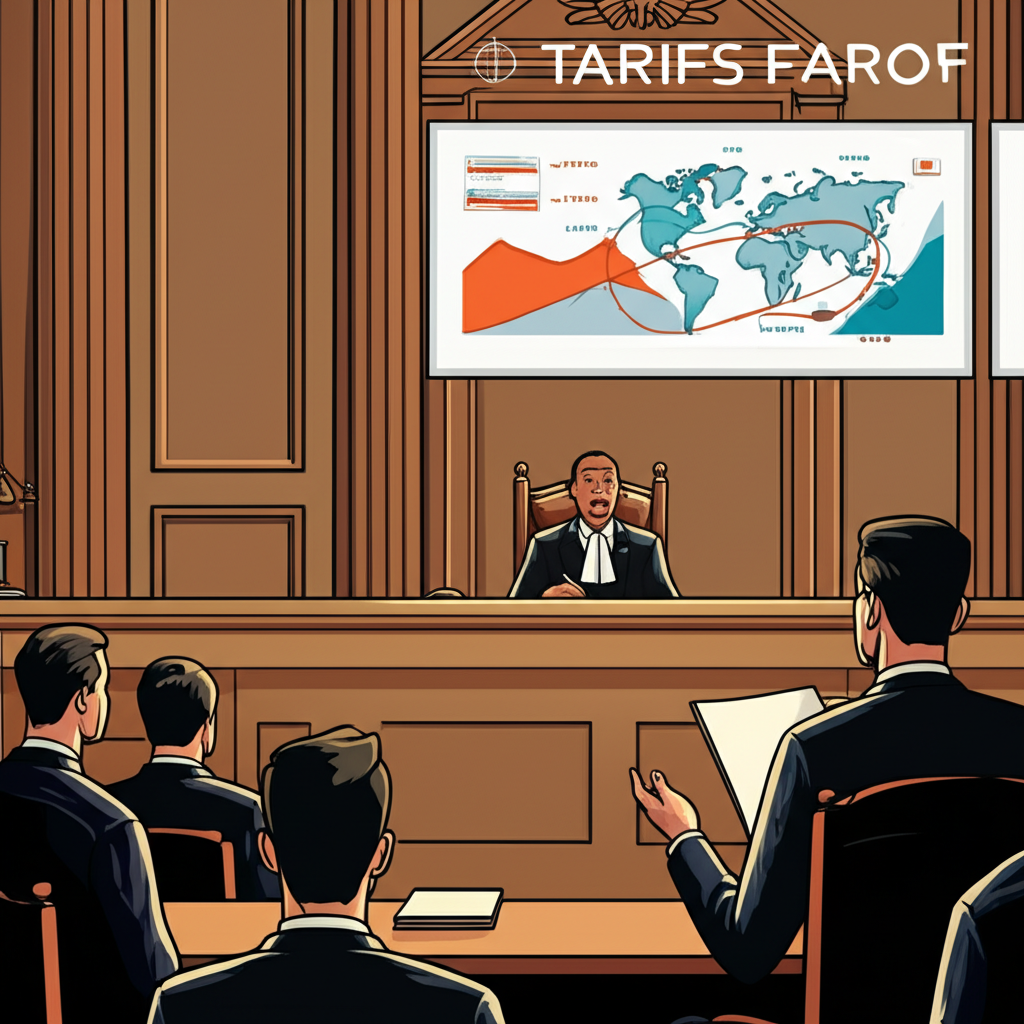 Lawyers in a courtroom presenting arguments on economic impacts of tariffs with graphs showing market fluctuations and global trade routes illustration style