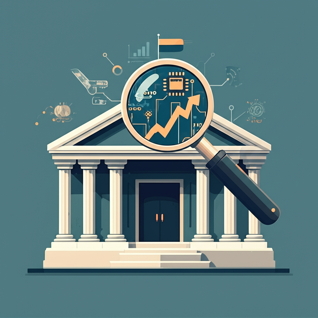 銀行巨頭洞察AI潛力股浮現的風格化銀行建築插圖