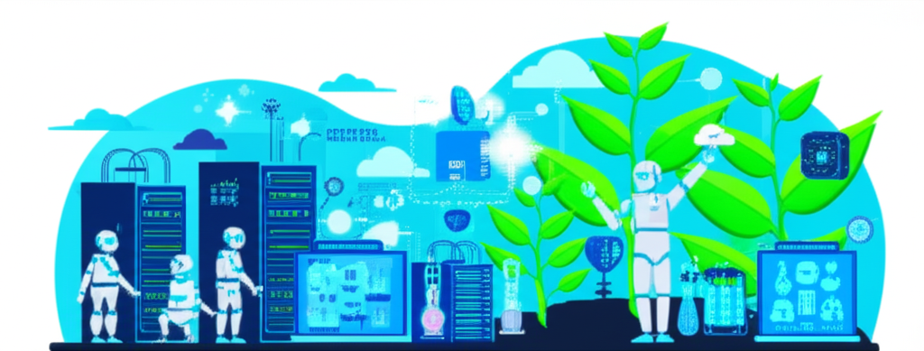 An illustration of a vibrant tech landscape with AI robots and cloud servers alongside innovative biotech labs and growing plant-like structures symbolizing growth stocks