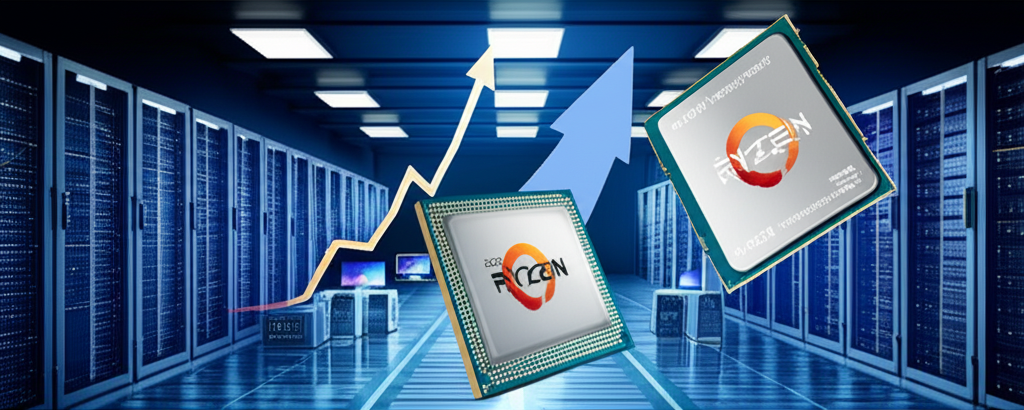 數據中心伺服器與客戶端PC插圖,展示EPYC及Ryzen晶片快速成長,新一代MI300X AI加速器嶄露頭角