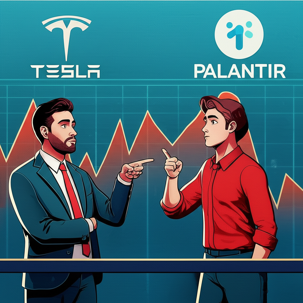 全球經濟波動圖示,股市走勢線上下起伏,一位謹慎投資者觀望,另一位自信指向特斯拉與Palantir標誌,暗示投資機會