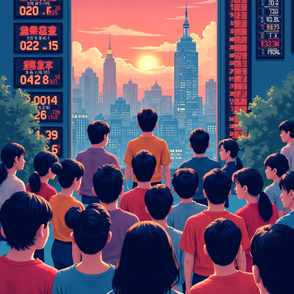 A vibrant illustration depicting a diverse group of Taiwanese investors looking towards a cityscape with glowing stock market tickers and financial charts in the background, using bold lines and a modern, flat design with a sense of hope and opportunity
