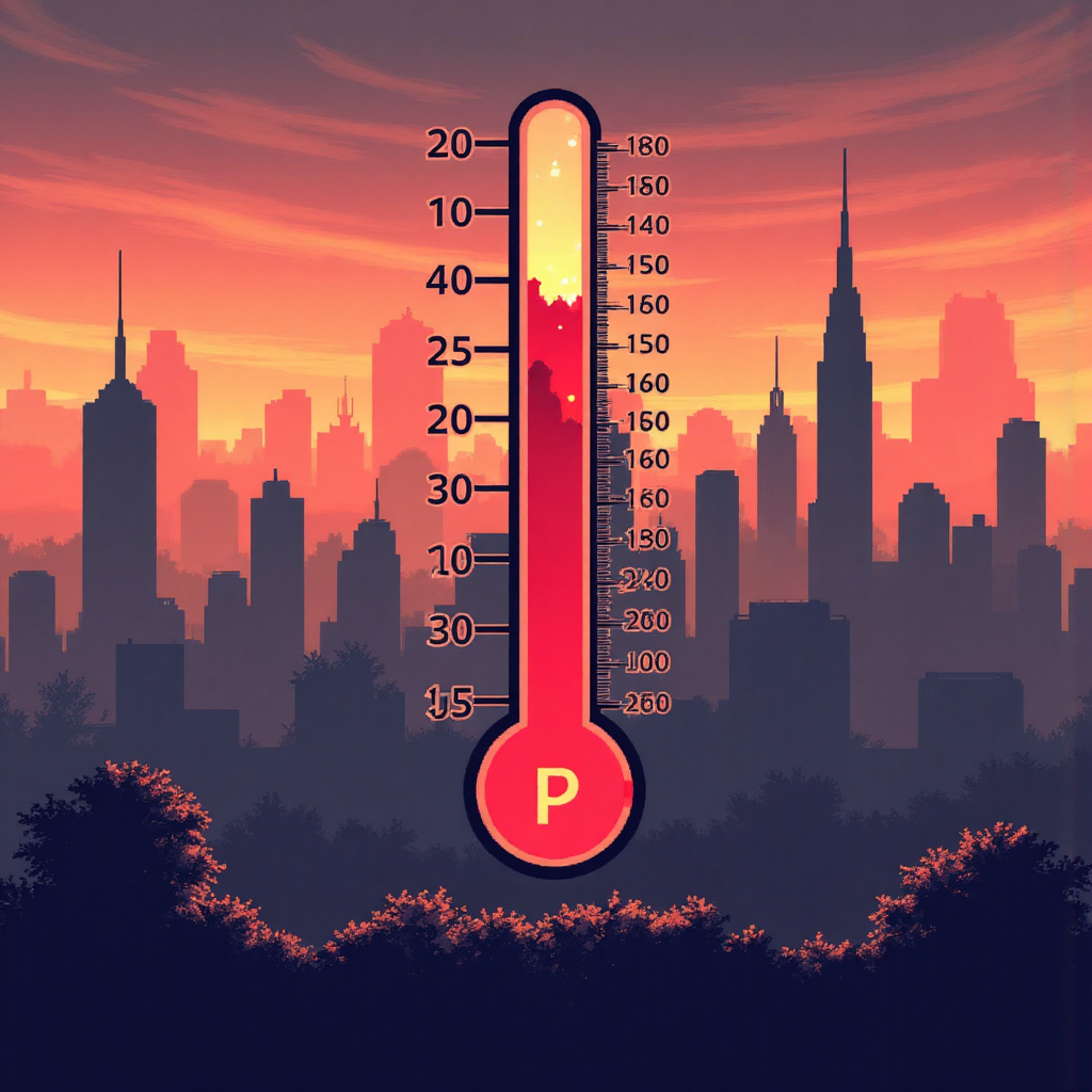 Conceptual artwork showing a thermometer measuring market temperature rising to a critical red level triggering a temporary pause icon over a cityscape background warm sunset hues