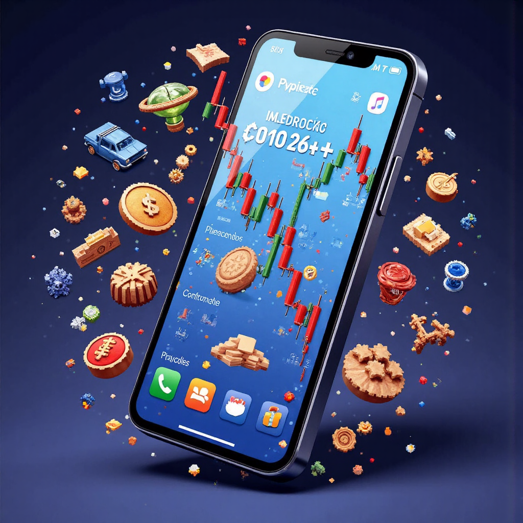 環繞手機螢幕的金融交易工具動態圖形,如貨幣對、股票與商品,象徵 CFD 交易 App 的市場多樣性